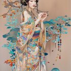 Vibrant Artwork of Woman in Flowing Kimono Amid Nature