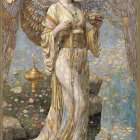 Young woman with wings in a serene pond setting