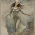 Serene Artwork of Contemplative Young Woman in Watercolor