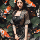 Woman in Floral Dress Surrounded by Koi Fish