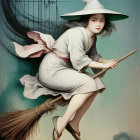 Whimsical Scene of a Girl on a Broomstick Above Waves