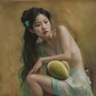 Young woman with black hair and durian fruit portrait