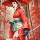 Woman in Red Kimono with Swords Among Bamboo and Leaves