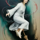 Serene Young Woman in Kimono Riding a Broomstick