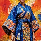 Vibrant Kimono with Floral Patterns and Tropical Background