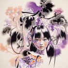 Stylized portrait of a woman with polka dots and foliage