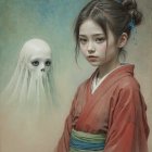 Young girl in vibrant kimono with whimsical bird