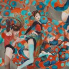 Ballerinas in Colorful Costumes Amid Abstract Bubbles