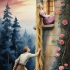 Princess by Castle Window at Sunset with Lavender Gown