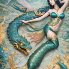 Mermaid with Teal Hair and Golden Crown in Waves