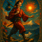 Graceful figure in red kimono among lush foliage