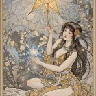 Serene Woman by Tranquil Lake with Celestial Elements