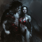 Shadowy Figure and Woman in Mystical Forest Scene