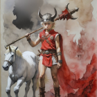 Young Boy in Viking Costume by Water with Horse