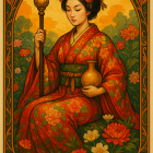 Elegant Woman in Red Kimono Surrounded by Nature