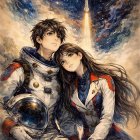 Futuristic Astronaut Couple in Watercolor Illustration