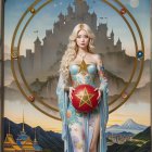 Mystical Figure in Blue Gown with Castle Background