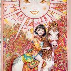 Young Woman on White Horse in Sunflower Field