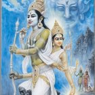 Graceful Figure in Floral Gown Against Blue Sky