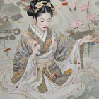 Serene Woman in Kimono Surrounded by Lotus Flowers