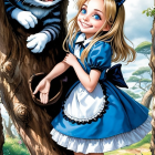 Cheerful girl and grinning cat in a whimsical tree scene