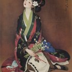 Graceful Woman in Traditional Outfit with Floral Patterns