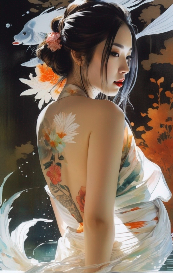 Digital Art: Woman with Floral Tattoos and Translucent Shawl, Koi Fish and Flowers in