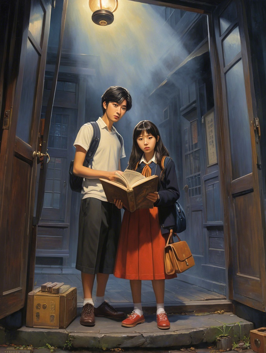 Young Friends at a Dimly Lit Doorway with a Book