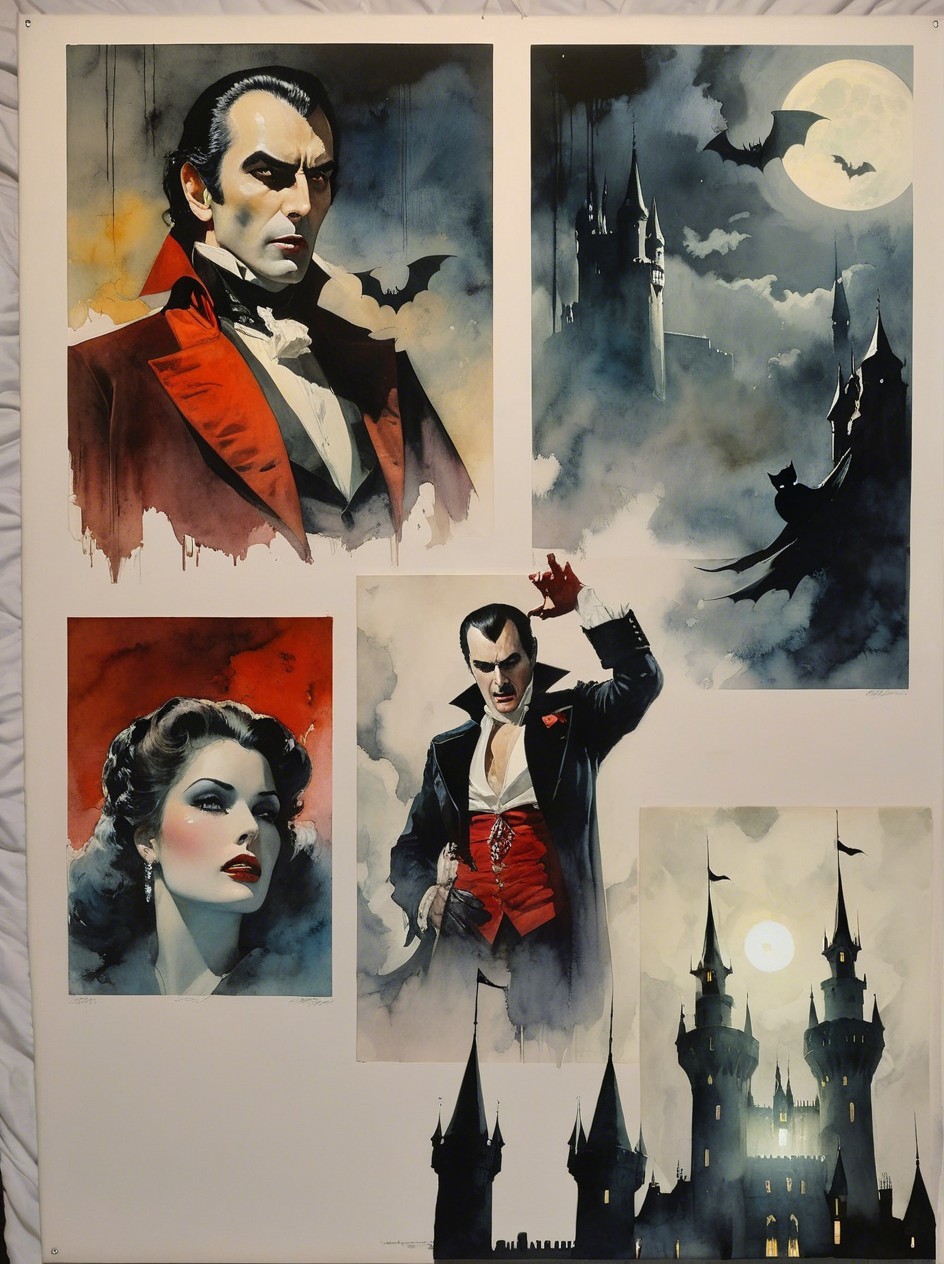 Dracula-Themed Watercolor Collage with Six Images