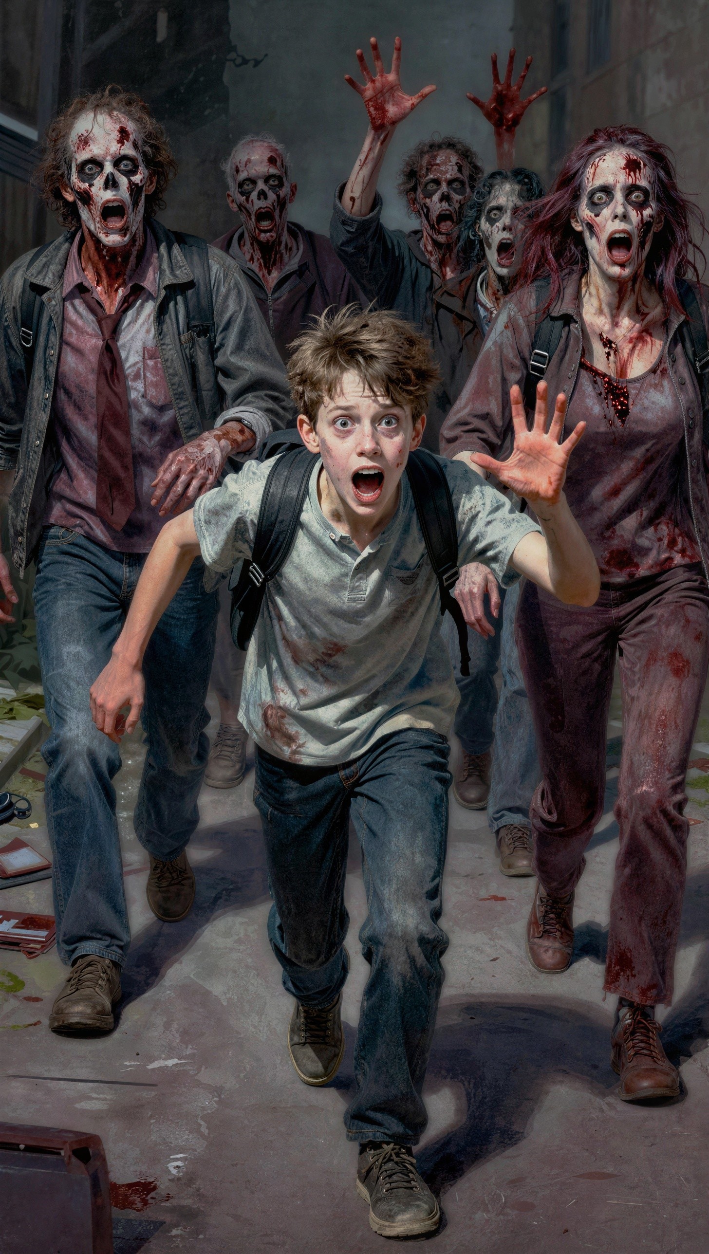 Illustrative Portrait of Child Running from Zombies