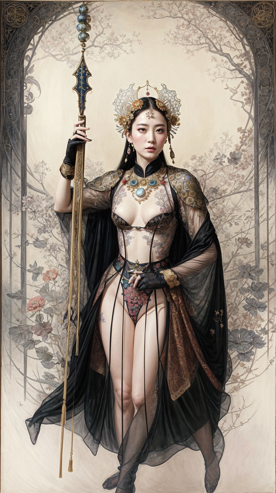 Elaborate Black and Gold Ensemble with Floral Background