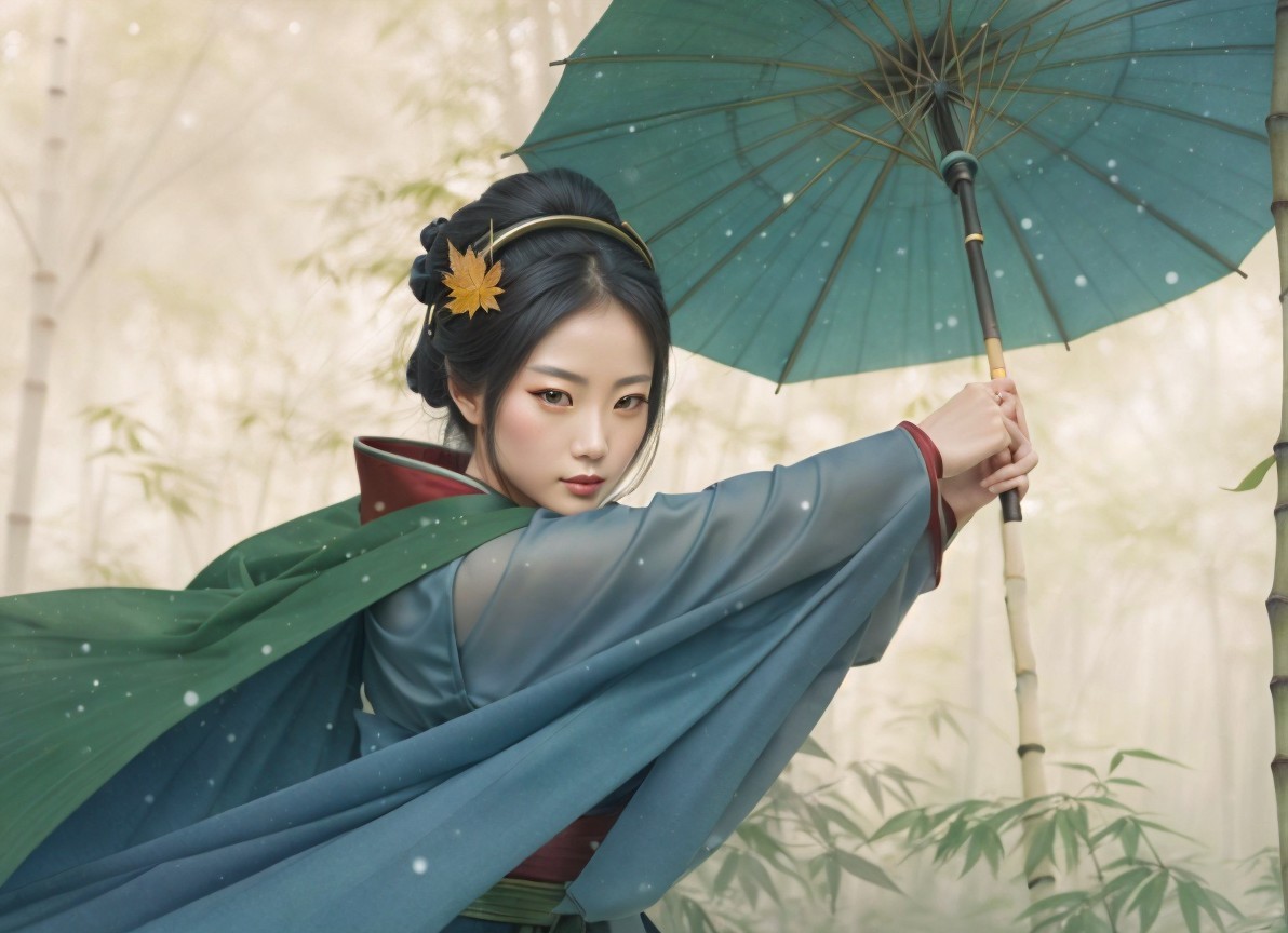 Young woman in bamboo grove with green parasol