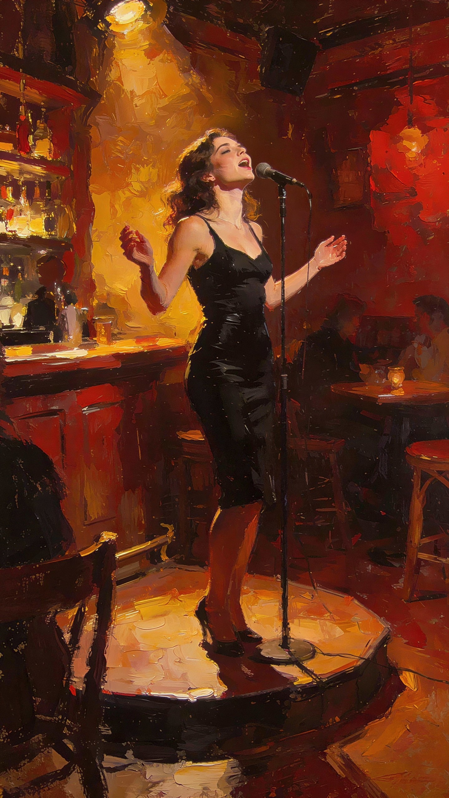 Impressionistic Oil Painting of Jazz Singer on Stage