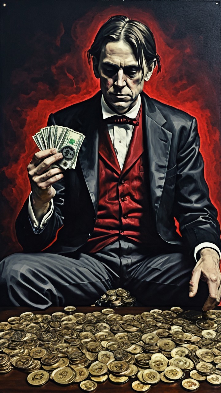 Somber Figure in Black Suit Surrounded by Wealth