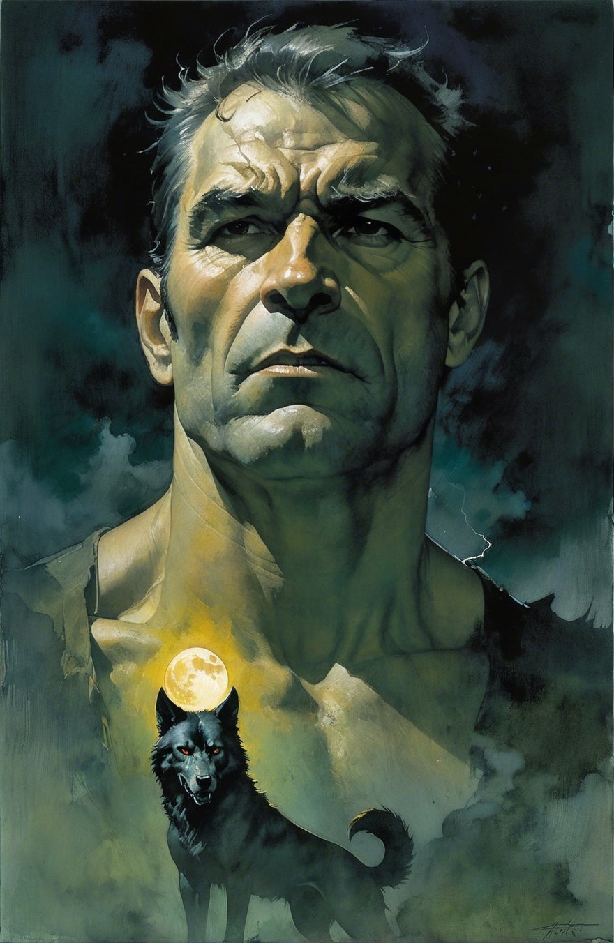 Dramatic Digital Painting of Man and Wolf Under Moon