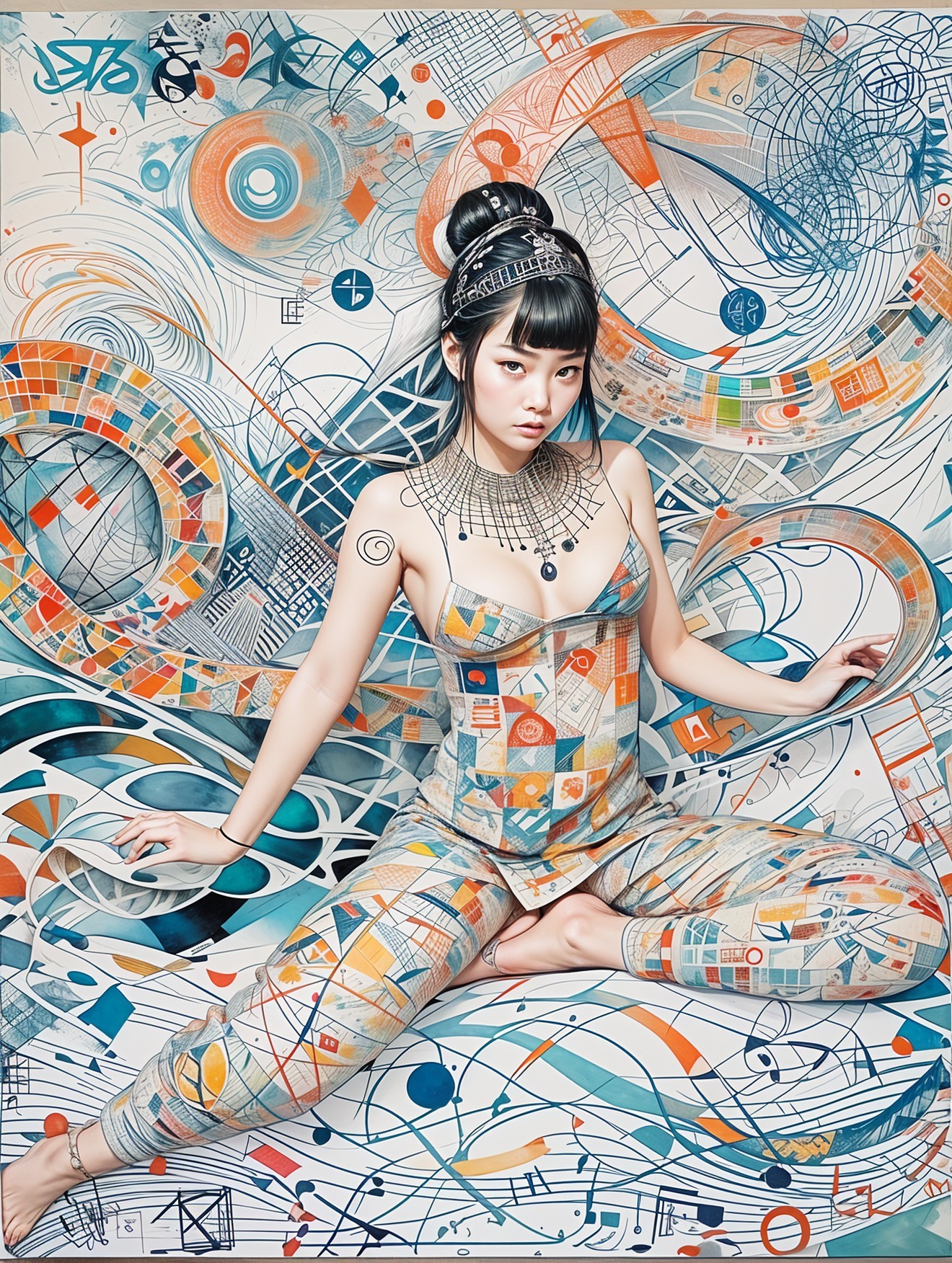 Woman in Fitted Outfit Against Vibrant Patterns