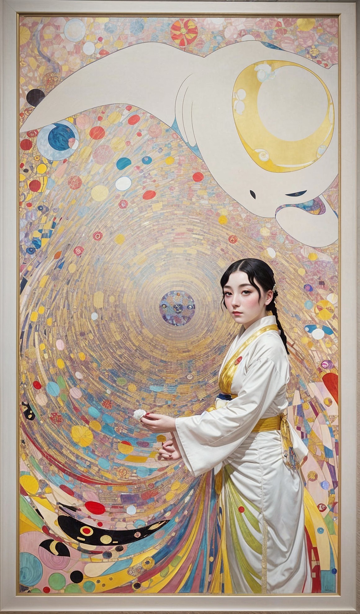 Young Woman in Kimono Against Colorful Abstract Background