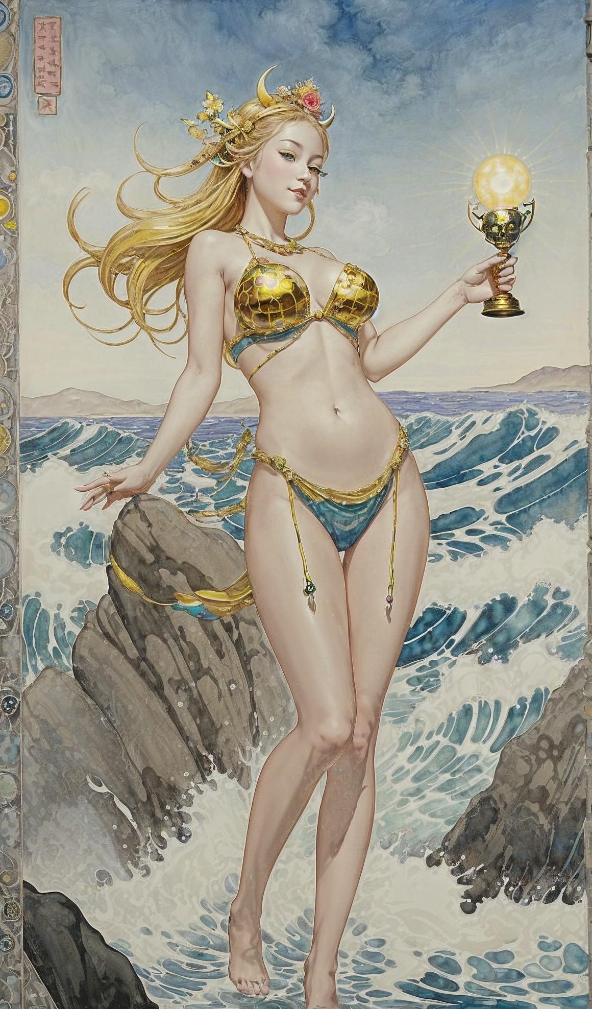 Illustration of a Woman on Rocky Shores with Chalice
