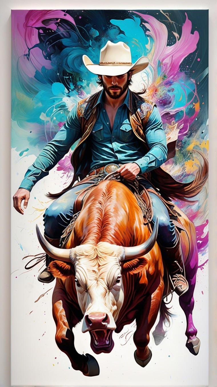 Cowboy Riding Brown Bull in Colorful Dynamic Scene