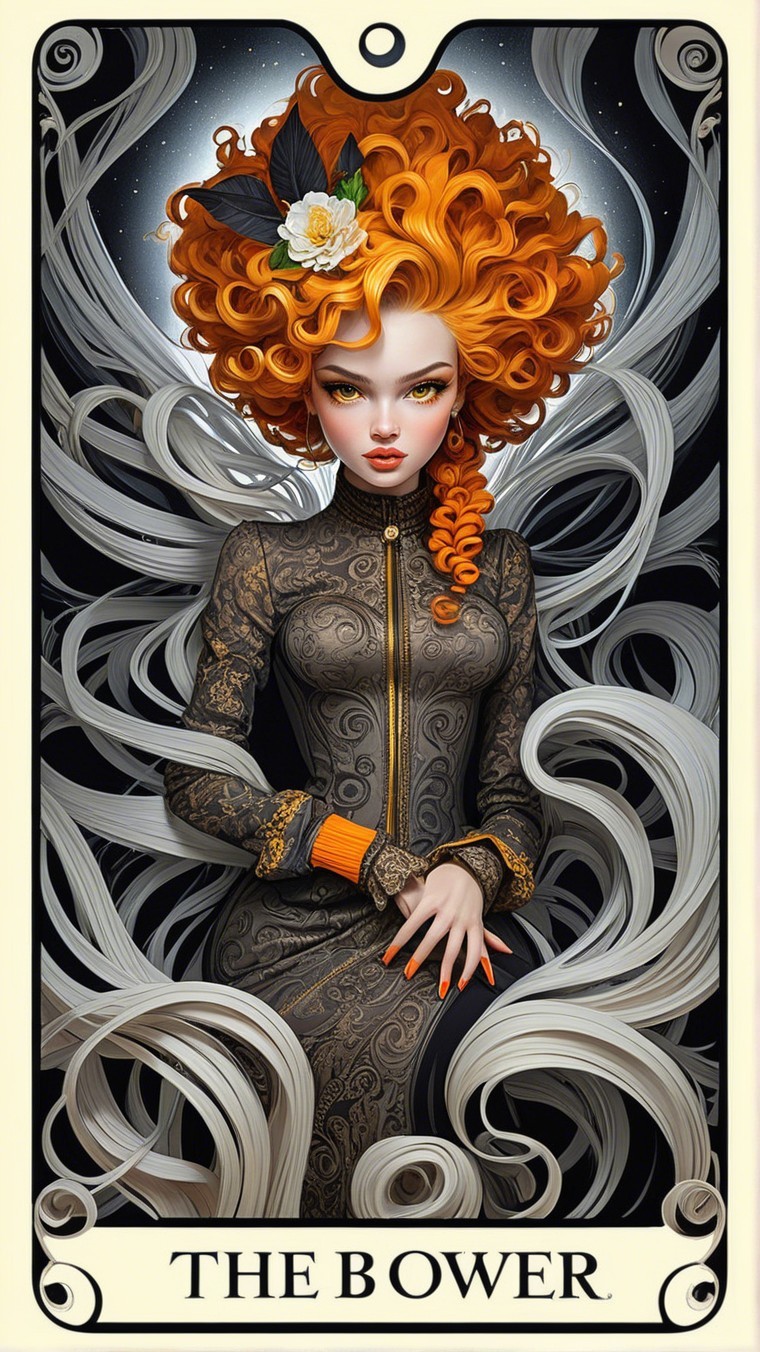 Character with Orange Curls and Elegant Black Dress