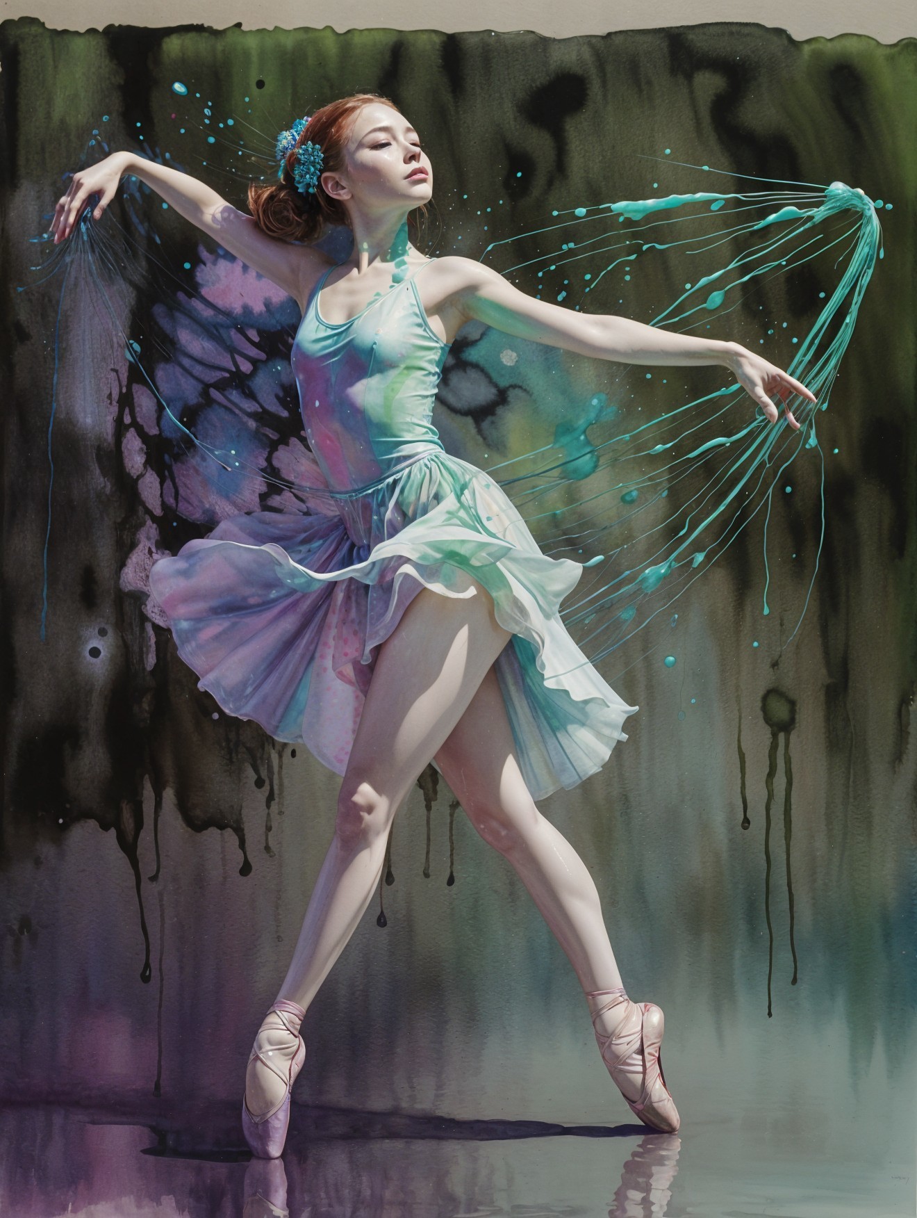 Ballerina in Pastel Dress with Abstract Watercolor Background