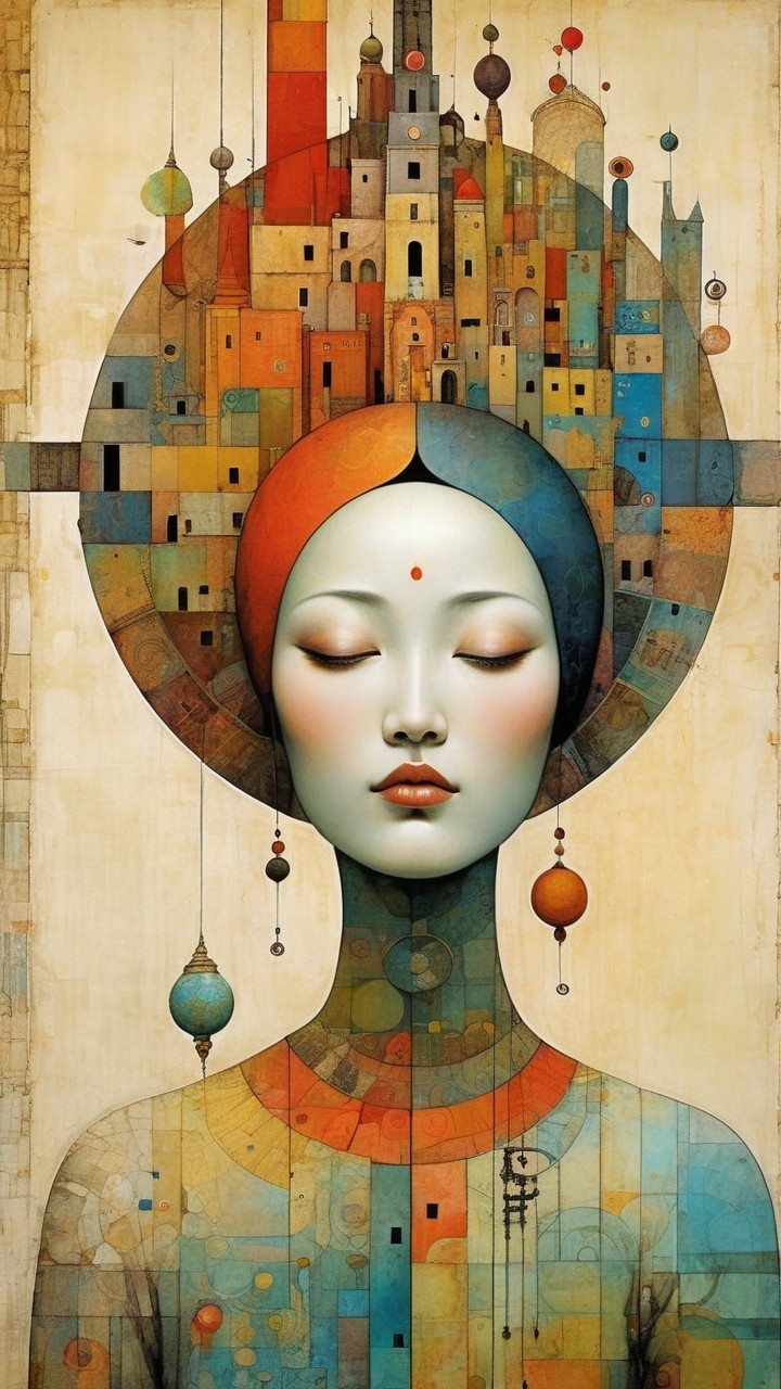 Serene Figure Merging Human Form with Architecture