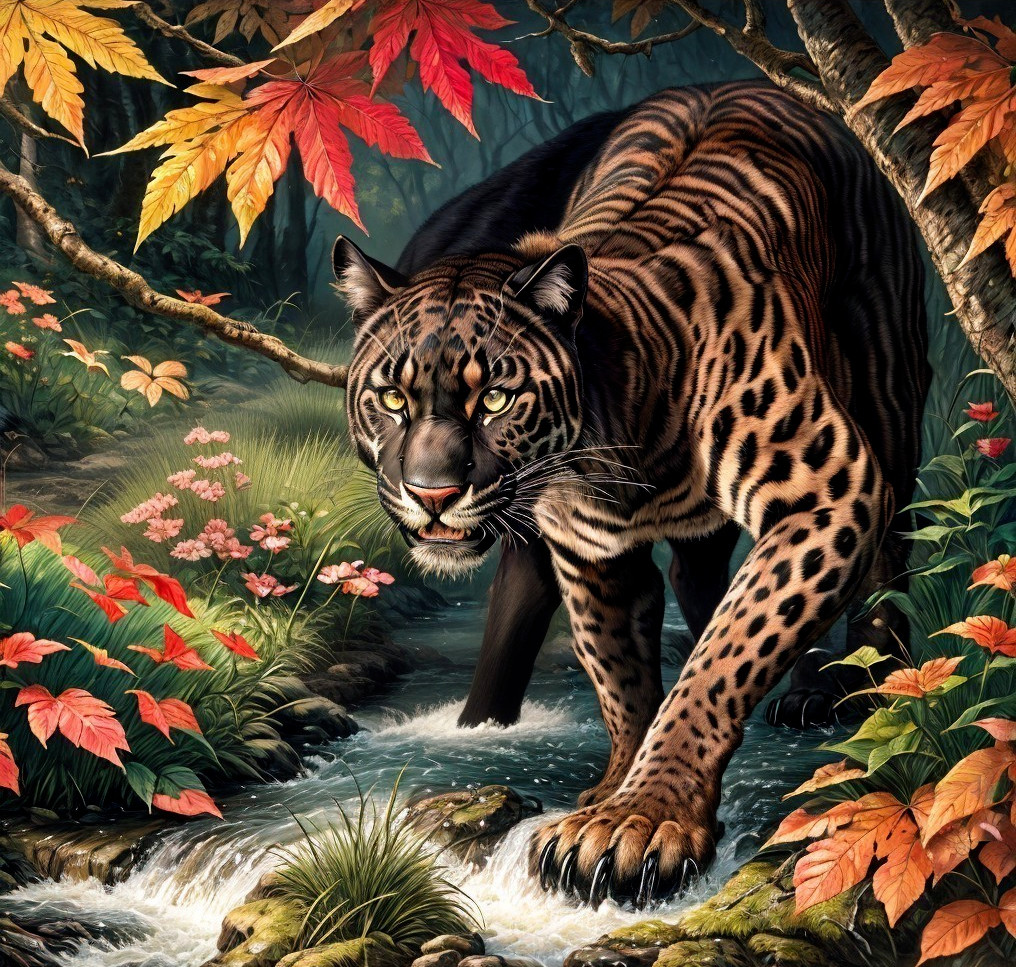 Realistic black jaguar in vibrant jungle with flowing creek