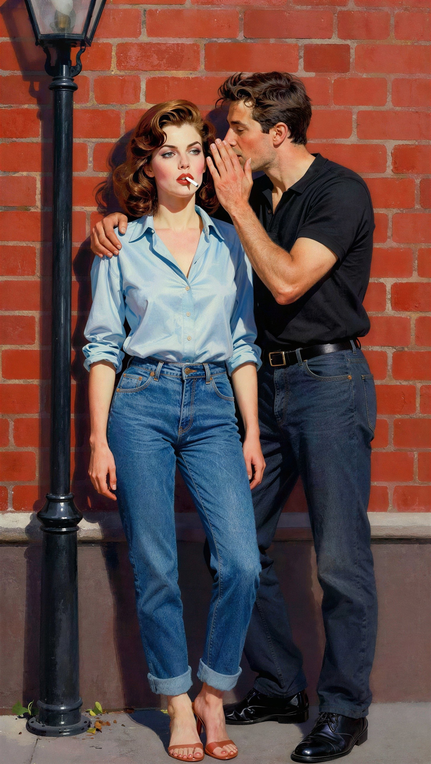 Man and woman by brick wall, casual attire and pose