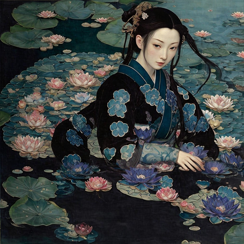 Serene Woman in Black Kimono Surrounded by Lotus Flowers