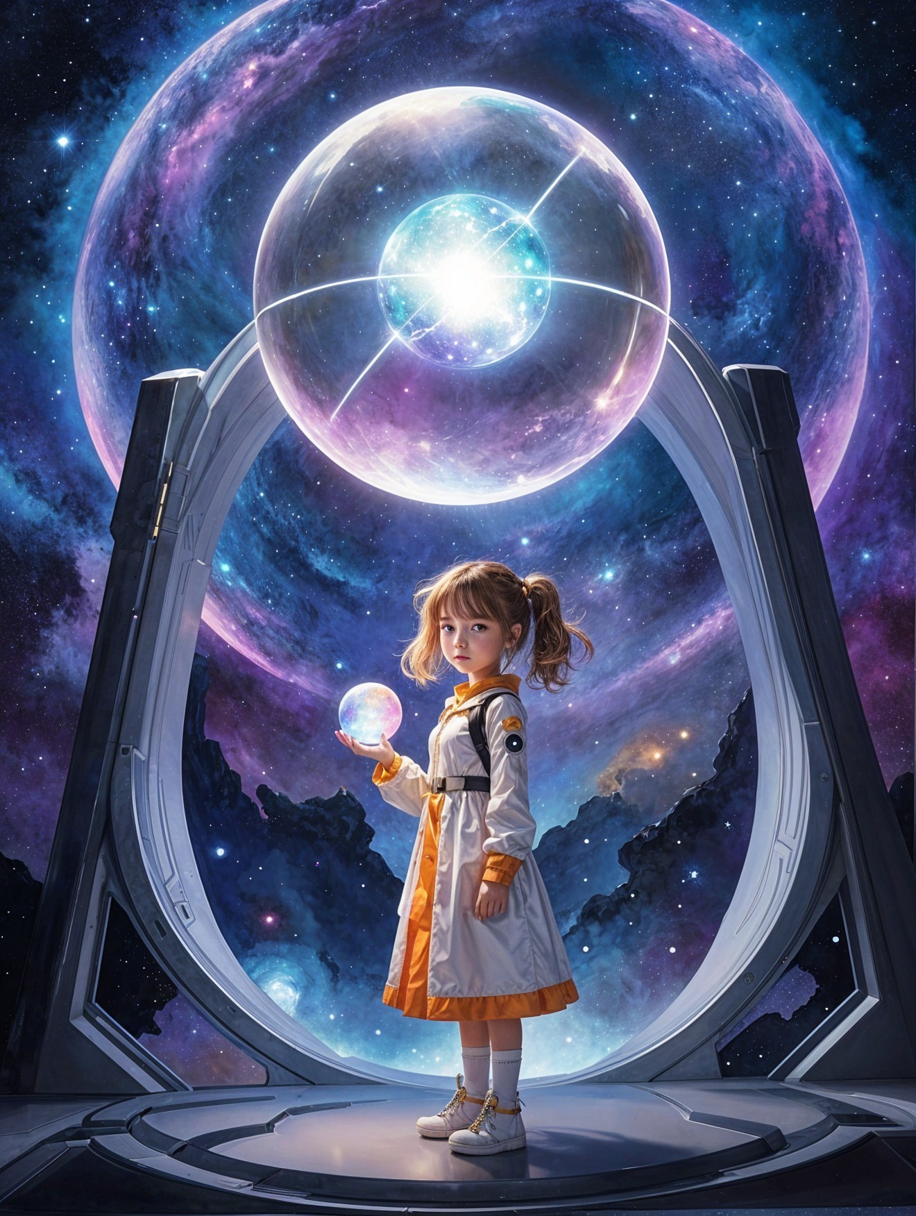 Young girl in futuristic space setting with glowing orb