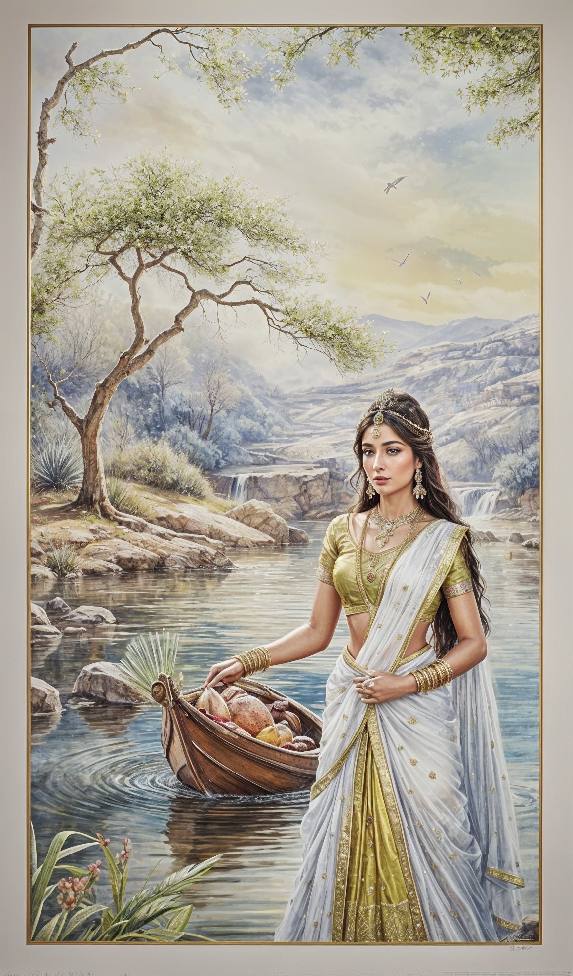 Serene Landscape with Woman in Traditional Attire
