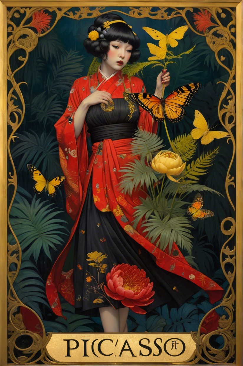 Woman in Red and Black Kimono Surrounded by Nature