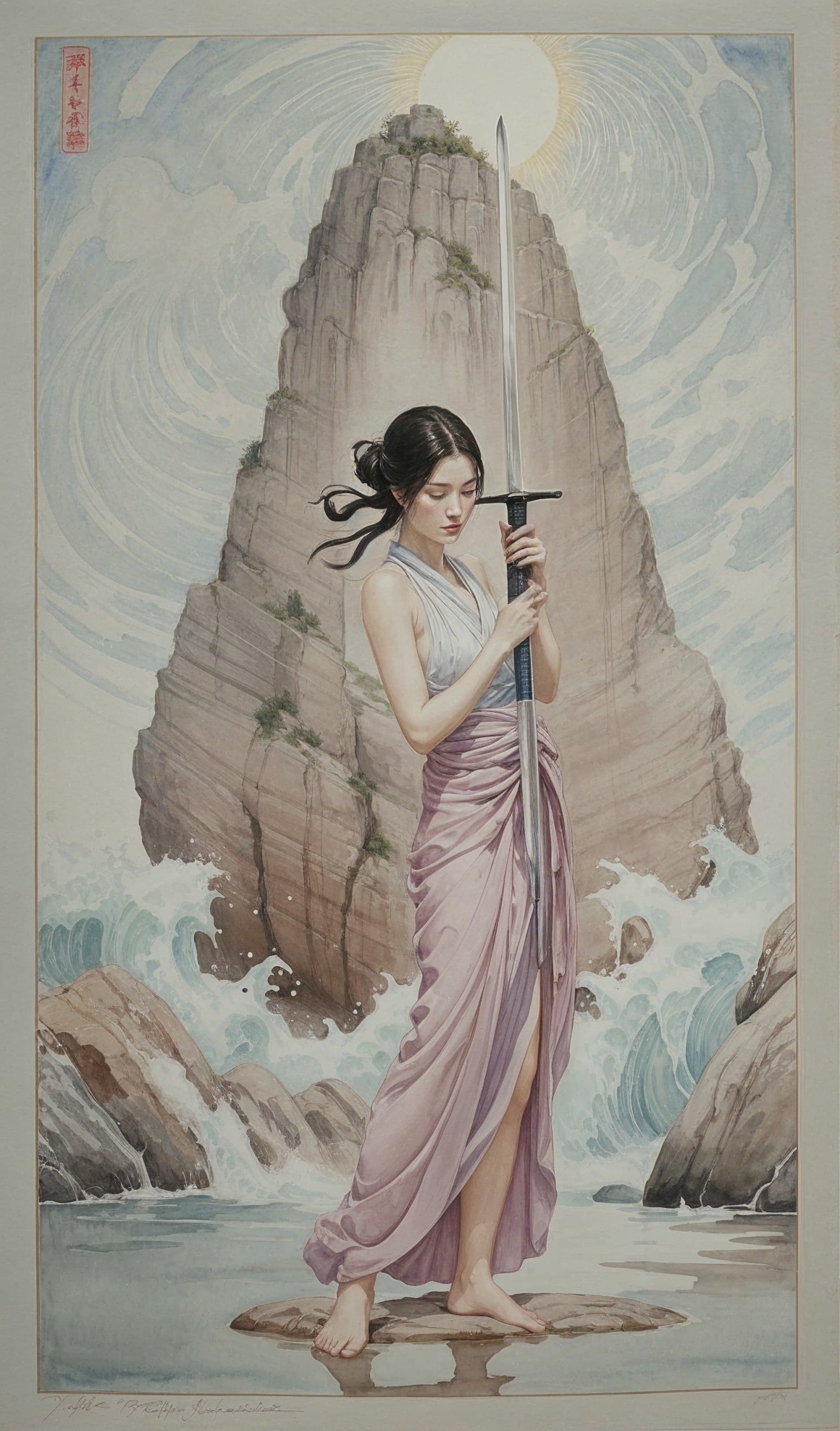 Young Woman with Sword on Rocky Shoreline