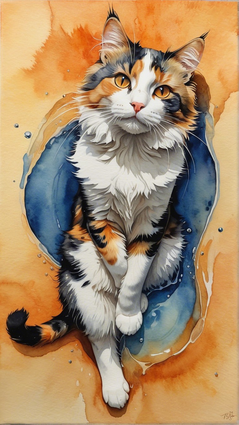 Vibrant Watercolor Painting of a Calico Cat